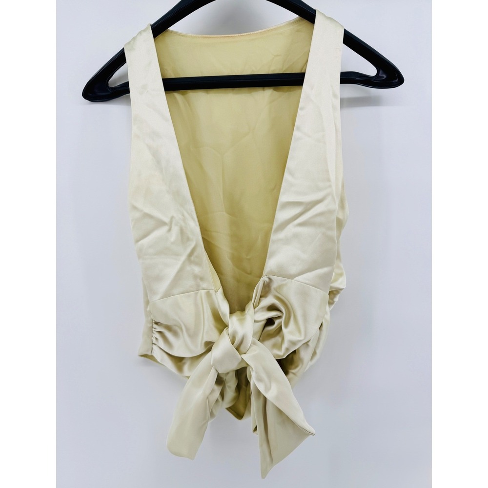 Zara Womens Medium Champagne Satin Open Back Bow Tie Sleeveless Blouse Cream M